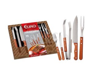 KIT PARA CHURRASCO COM CABO DE MADEIRA 15 PEÇAS